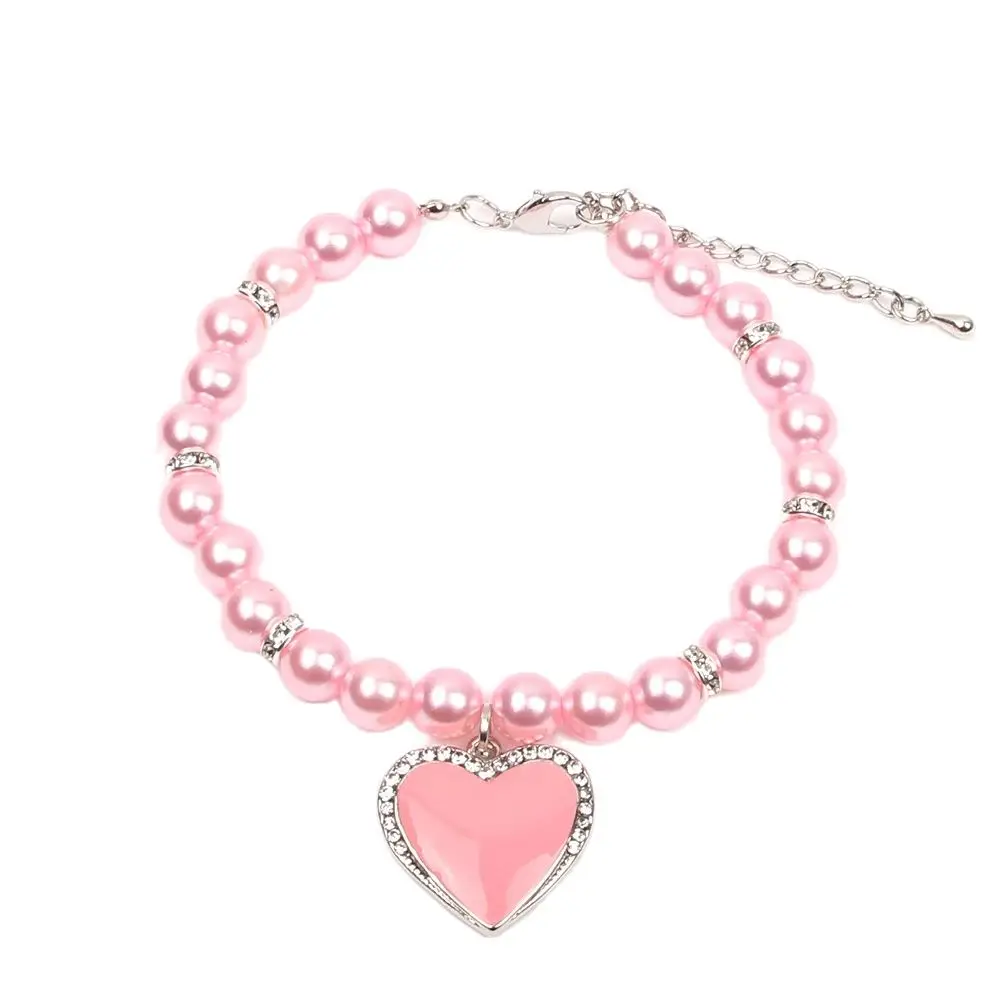 XKSRWE Dog Cat Pearls Necklace Collar with Bling Heart Charm Pet Dog Jewelry Accessories Adjustable Handmade