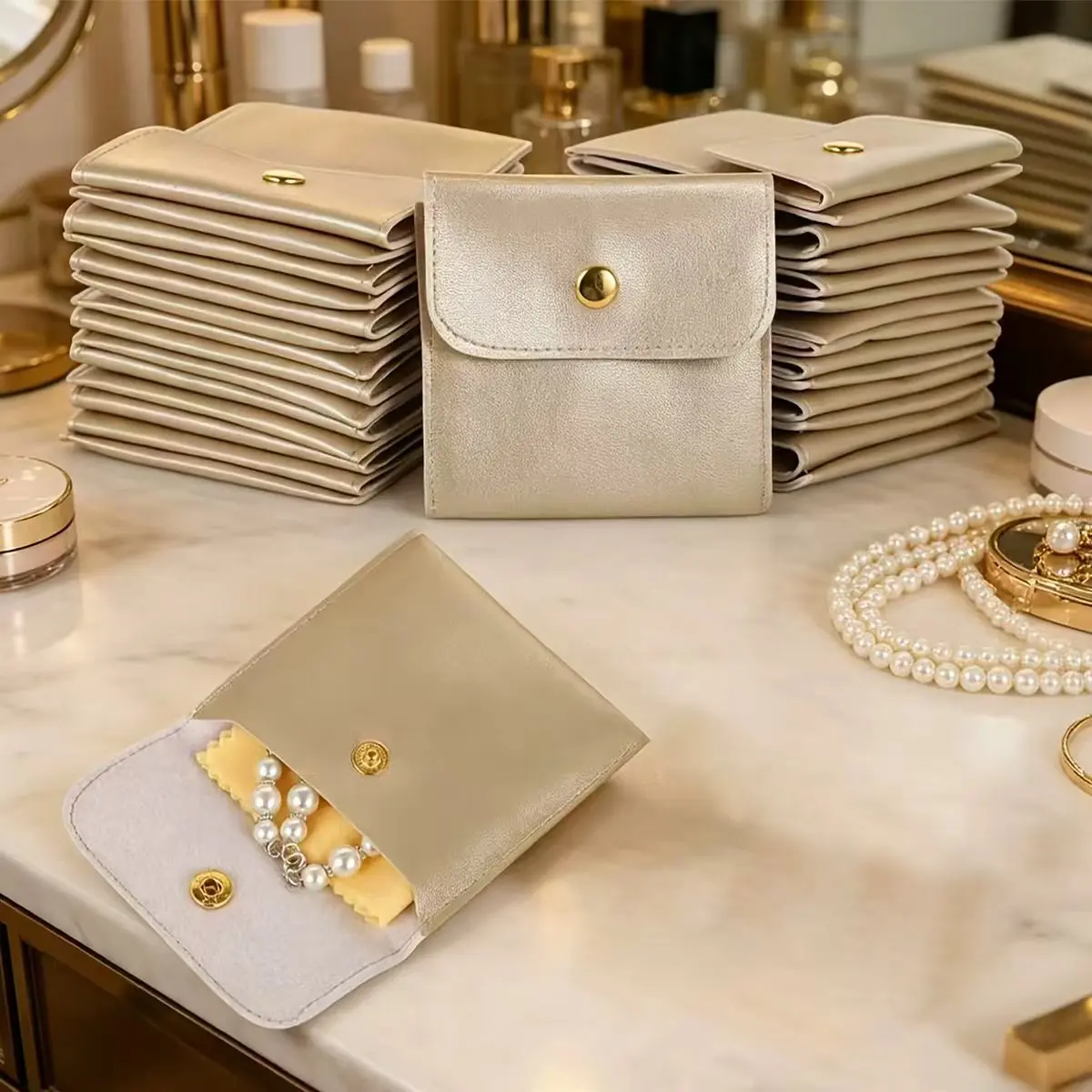 8pcs PU Leather Golden Button Bag Jewelry Earring Necklace Snap Pouch Wedding Packaging Gift Bag Travel Storage Dust Sack Bulk