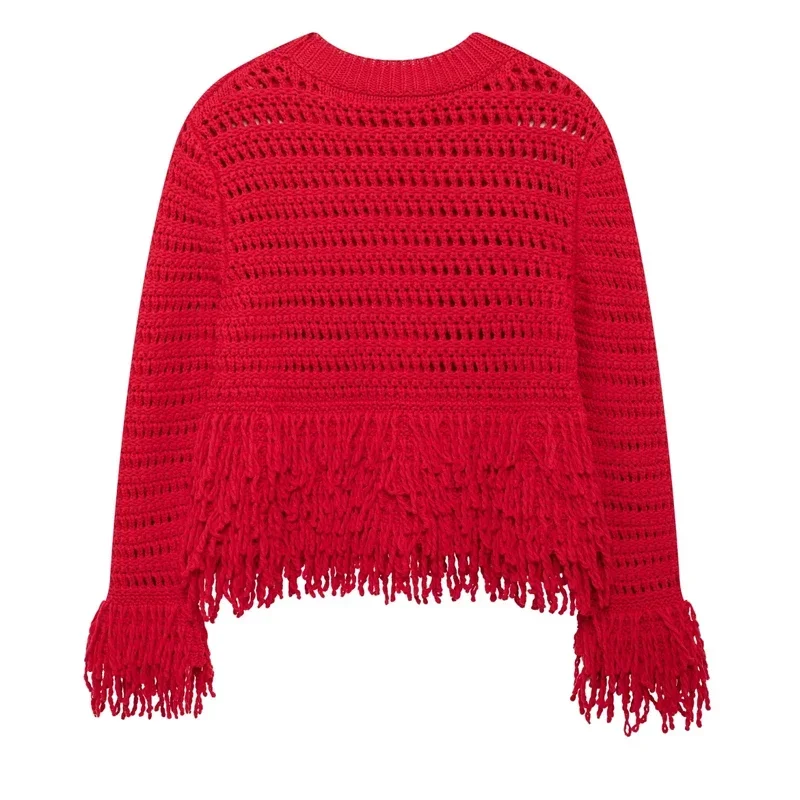 TRAF 2024 Women Tassels Red Knitted Sweater Female Sweater Autumn Winter Long Sleeve Short Sweaters Round Neck Cut Out Knitwears