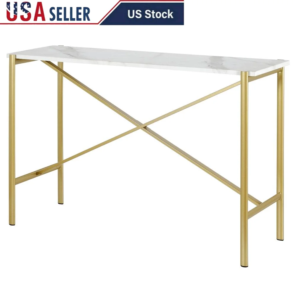 Wide Rectangular Modern Console Table with Faux Marble Top Geometric Design Industrial Style Easy Assembly Ideal Living Room or