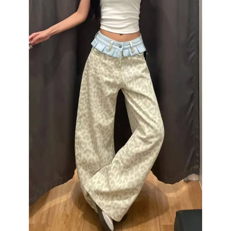 Retro American Lace Leopard Print Splicing Jeans Casual Pants Summer Thin Wide Loose Skirt Design Feeling