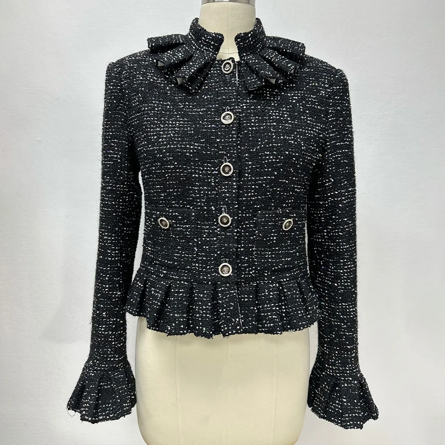

NIGO Women's Autumn/Winter Black Shiny Tweed Single-breasted Jacket With Lace Collar Mini Skirt Suit Set Ngvp #nigo2172