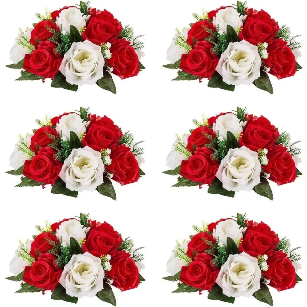 

6 Pcs Fake Flower Ball Arrangement Bouquet Room Decor 15 Heads Plastic Roses With Base Wedding Valentine's Day Vase Flowers Home