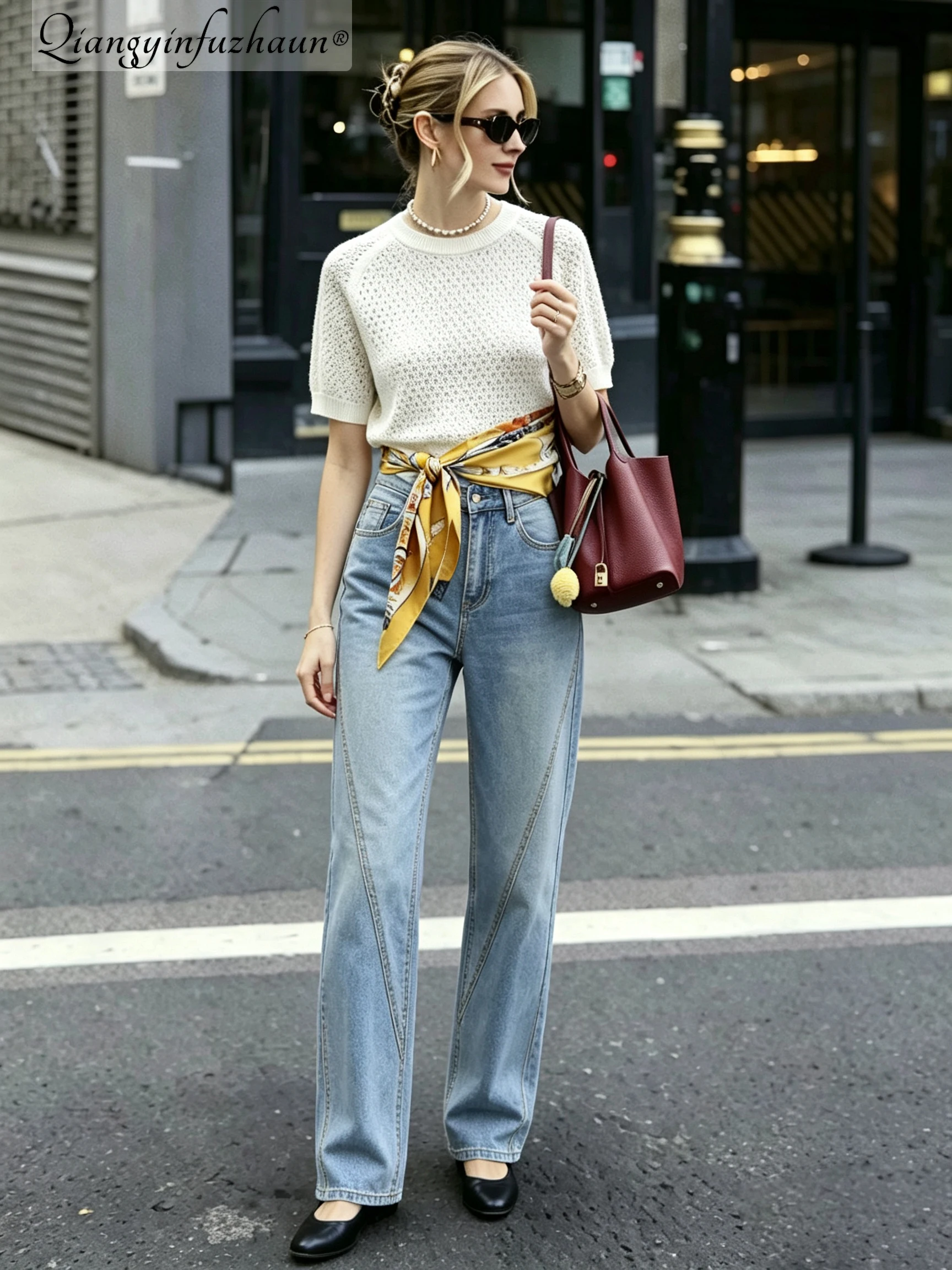 Design: Patchwork Washed Denim Women's High-Waisted Straight Leg Loose-Fitting Slimming Unisex Stylish and Versatile Pants New S