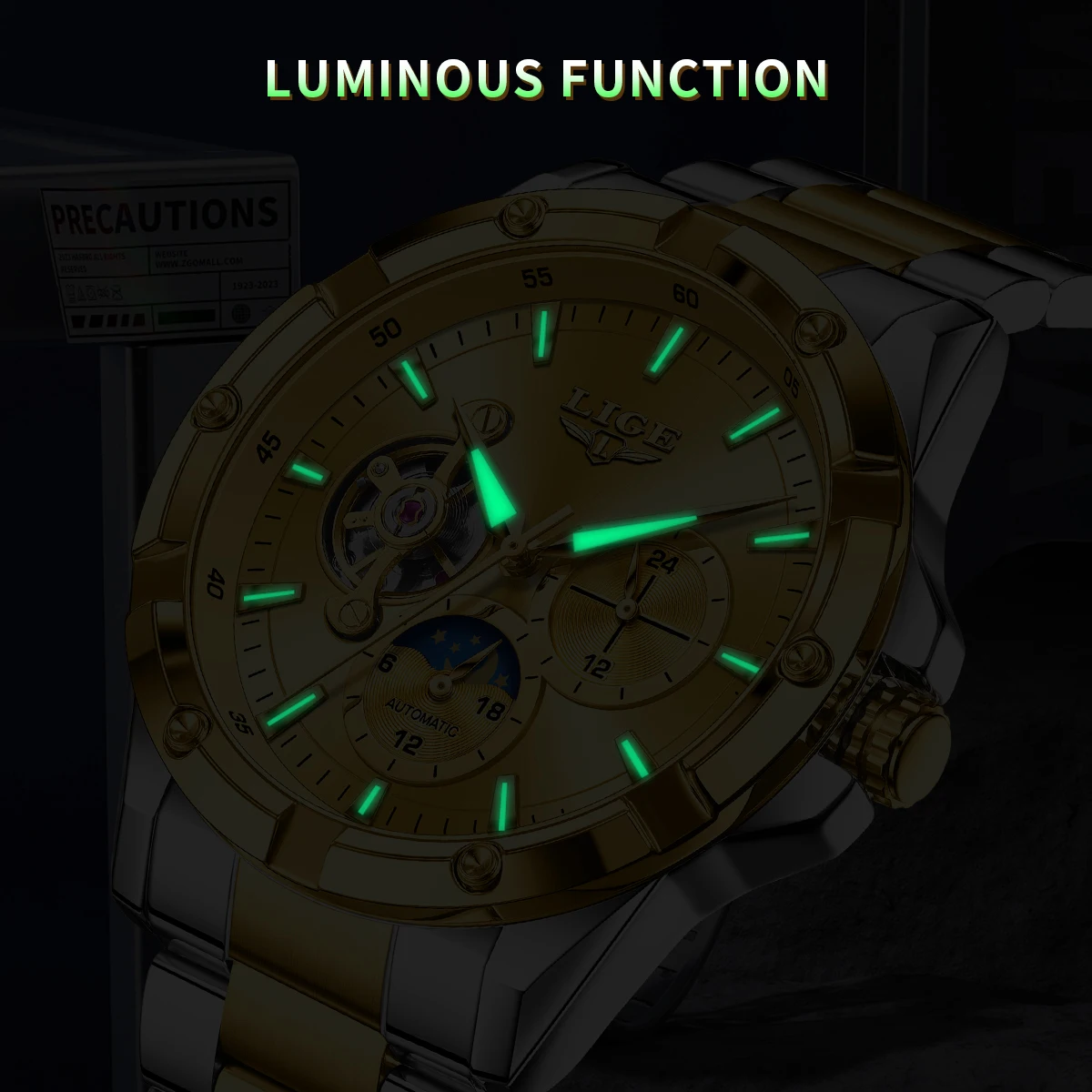 LIGE новые мужские автоматические часы скелет звездное небо фаза луны светящиеся водонепроницаемые механические часы из нержавеющей стали для мужчин