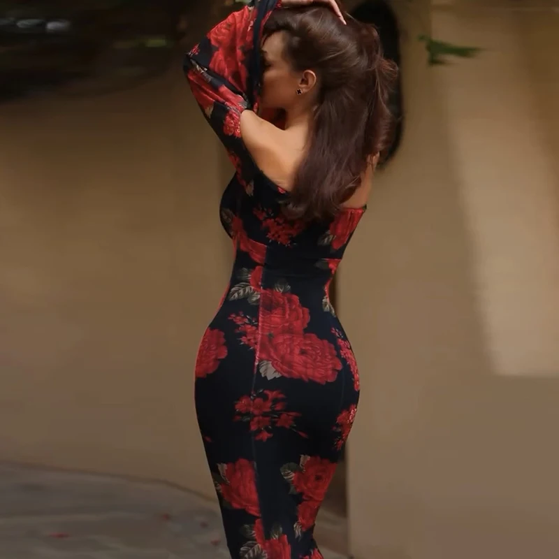 Fashion V-neck Long Sleeved Spring Summer Dress Casual Vacation Floral Print Maxi Dress Elegant Women High Waist Wrap Hip Dress