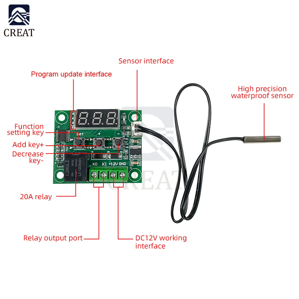 DC 5V 12V 24V W1209 Red Blue LED Digital Thermostat Temperature Control Thermometer Module + NTC Waterproof Sensor Wire