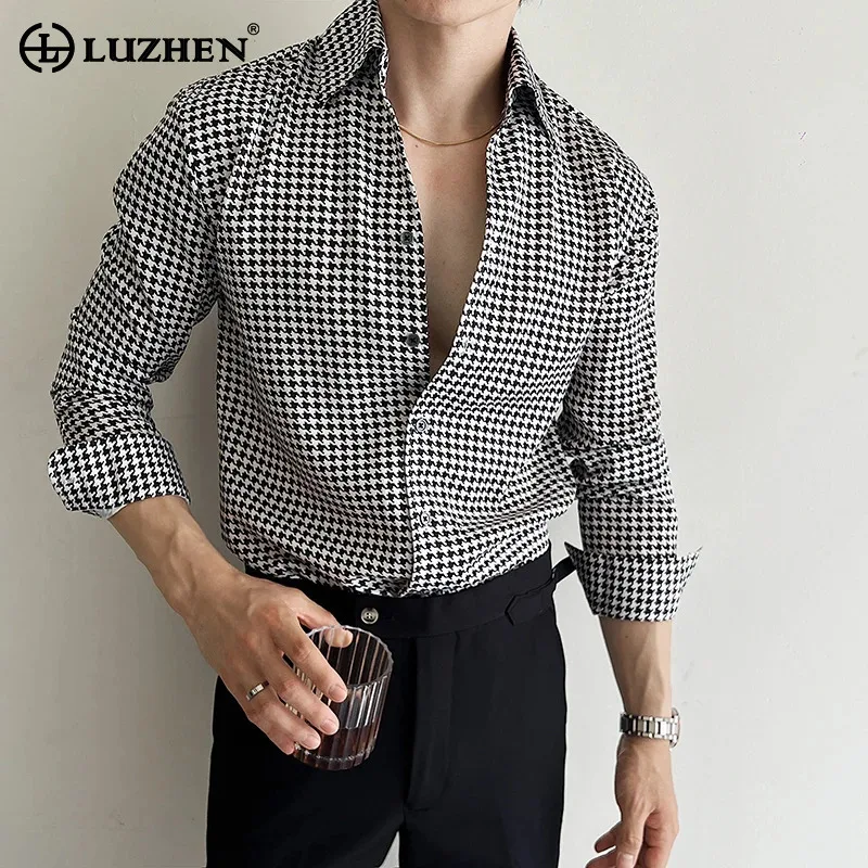 

LUZHEN Trendy Elegant Temperament Plaid Printed Long Sleeve Shirt Men's 2025 New Korean Handsome Casual Tops Male Clothes JY2798