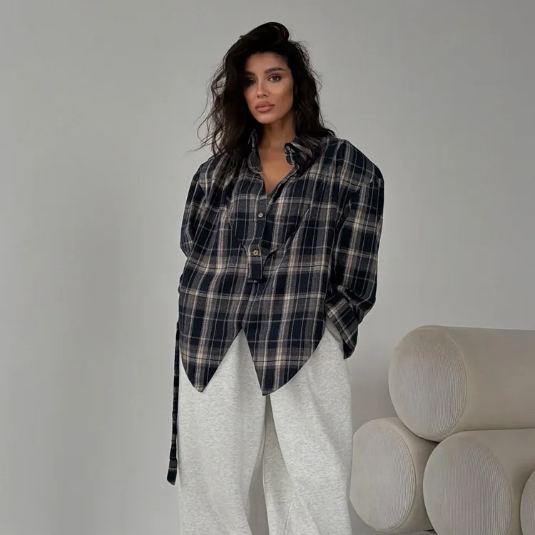 

Fashion Loose Plaid Women's Blouse 2026 Vintage Lapel Long Sleeve Shirt Elegant Classic Lace-Up Top Female Clothing
