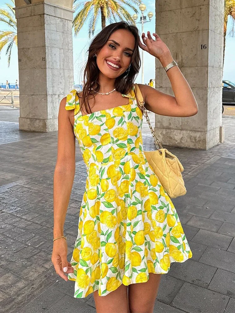 Summer Lemon Print Mini Suspenders Dress Women Slim Square Neck Sleeveless Pleated Vestidos 2024 New Female Holiday Dresses