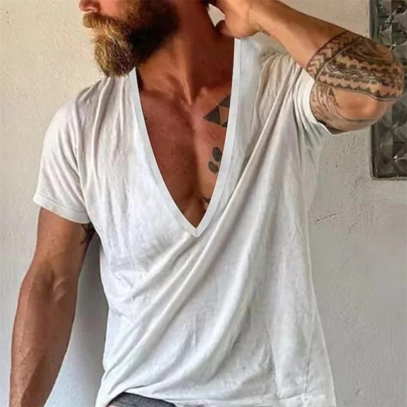 Vintage Loose Cotton T Shirts Men Casual V Neck Short Sleeve Solid Tees 2023 Spring Summer Fashion Pure Color Clothes Men\'s Tops