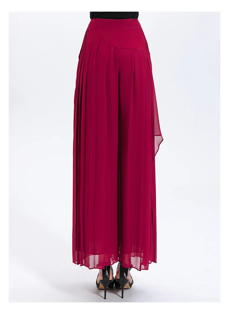 Stylish Ruffles Folds Red Wine Silk Georgette Pleated Wide Leg Pants Party Autumn Trousers Office Ladies Solid Pant KE619