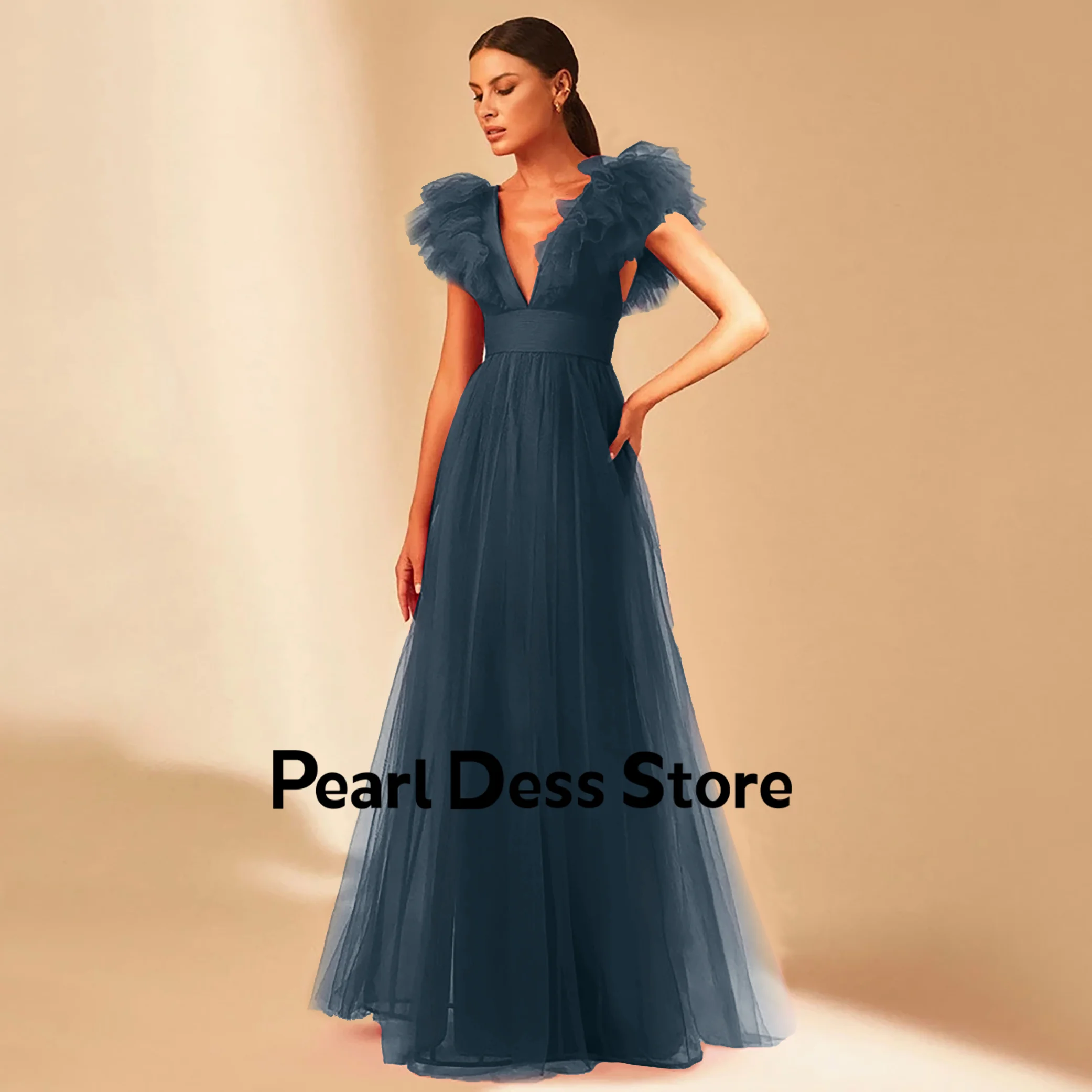 

Simple Ruffled Tulle Prom Dress 2022 Cap Sleeve V-Neck Formal Prom Party Dress Backless Long Women's Evening Dress