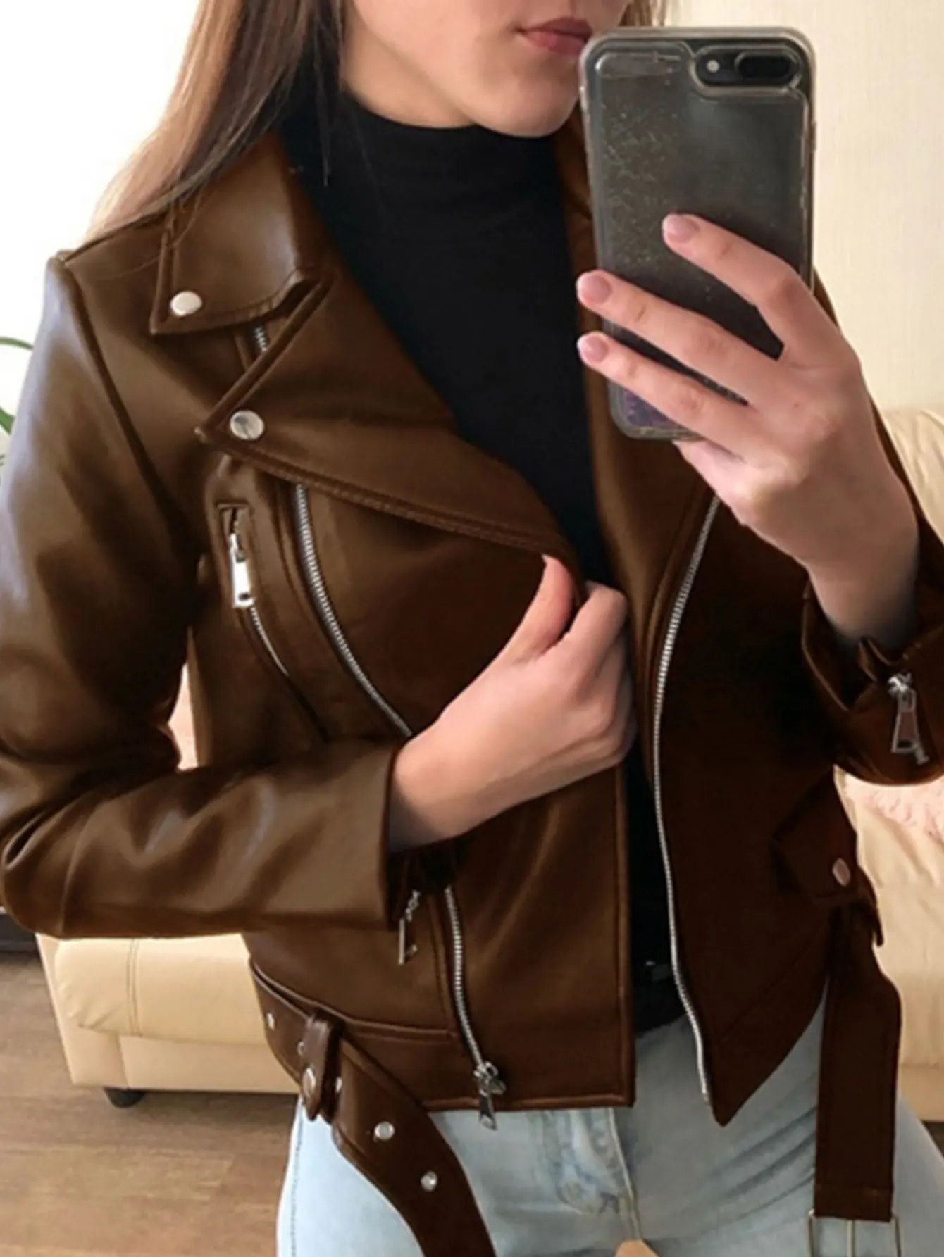 

Women's Chic Plain Leather Jacket Long Sleeve Shawl Collar Zipper Autumn Coat with Pockets Separated Design Basic Fashion