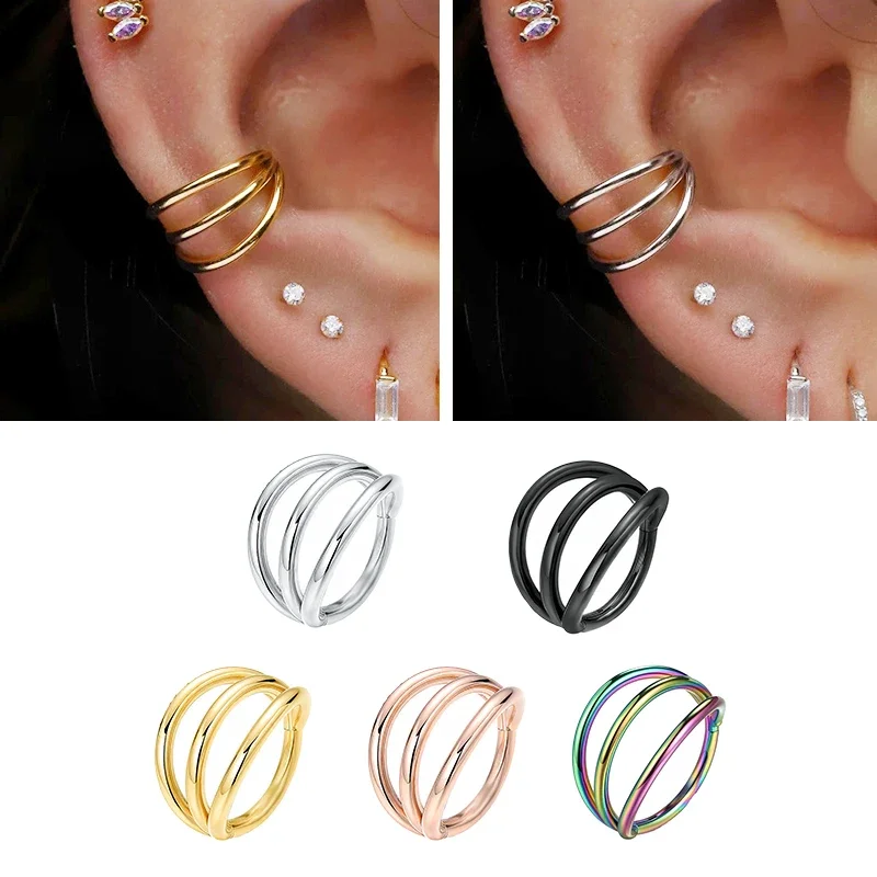 G23 Titanium 3 Layers Nose Rings Piercing Septum Hinge Segment Helix Cartilage Tragus Ear Cuff Earrings Body Jewelry for Women