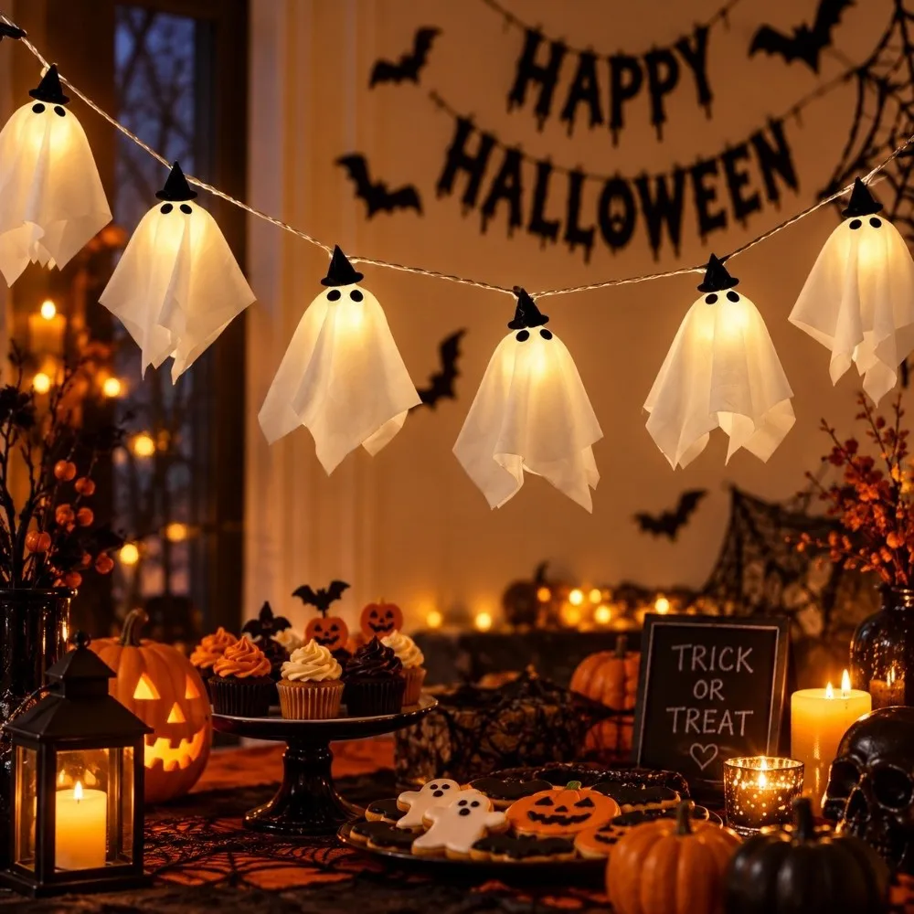 Holiday Scene Decor Warm White Halloween String Lights Spooky Soft Glowing Decorative Lamp Lights Funny Ghost Light String Porch