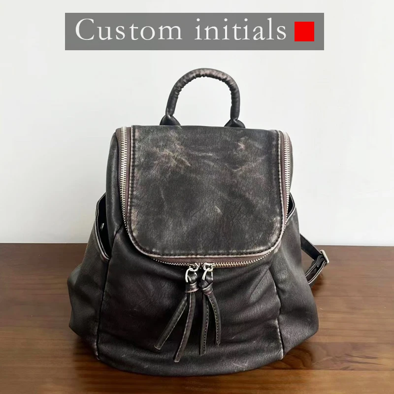 Custom Initials Vintage Backpacks For Women Luxury Designer Handbag Purses 2024 New In PU Imitation Cow Leather Washing Shoulder