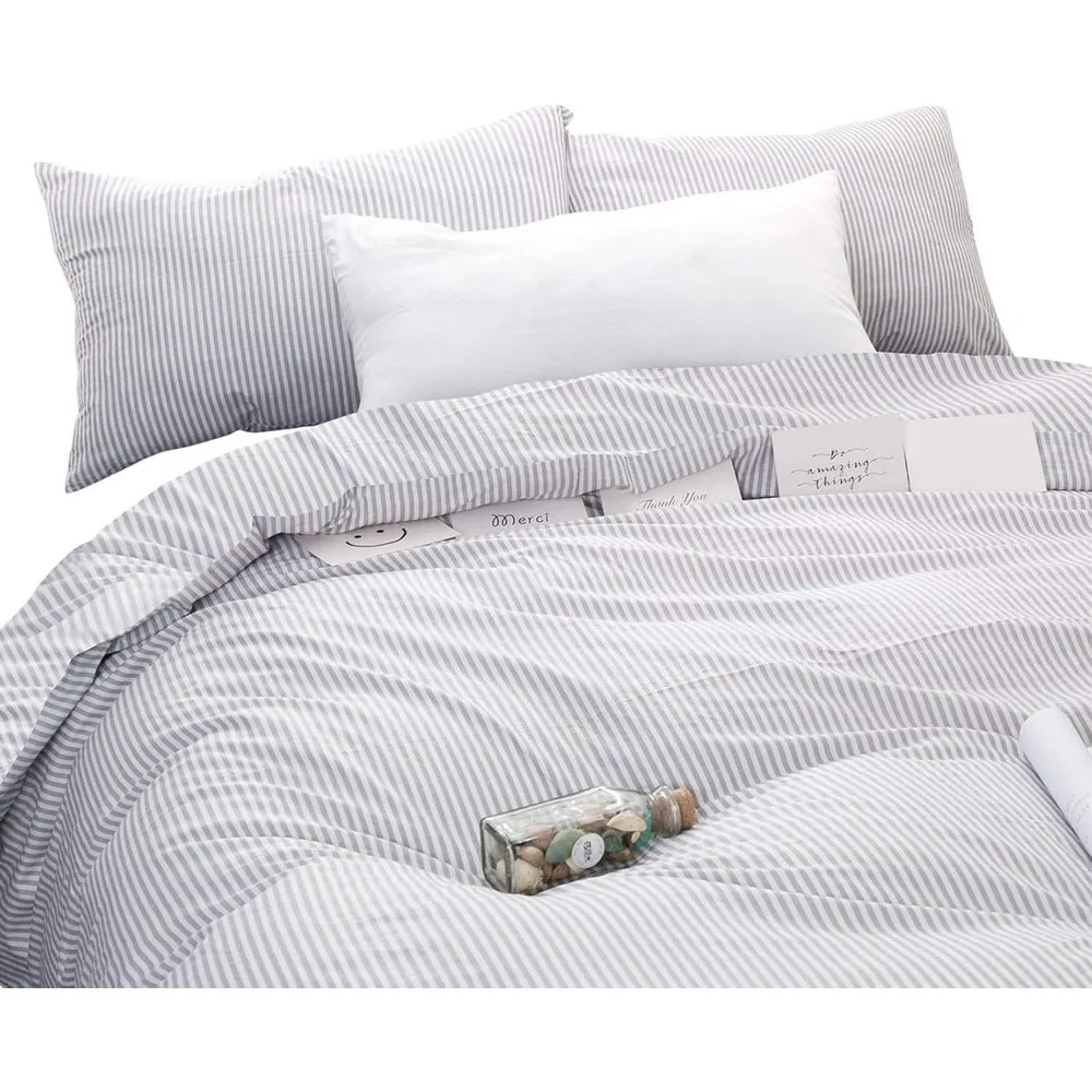 

Комплект пододеяльников в хлопковую полоску с дизайном в тиканиевую полоску, стиль фермерского дома, постельное белье из 100% хлопка, 3 предмета, серый и белый