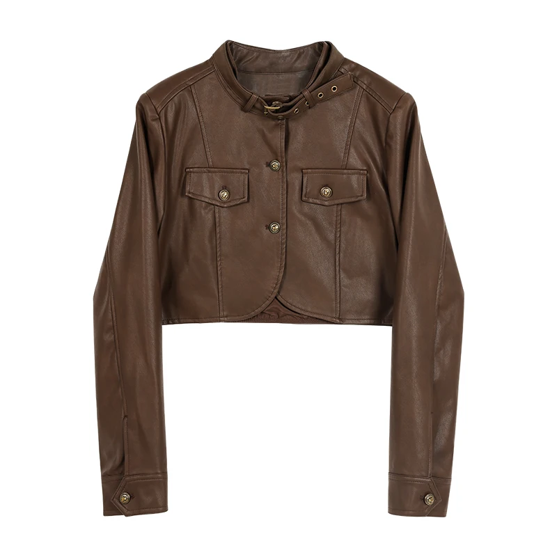Alxnan casacos de couro marrom feminino curto elegante casual jaquetas de couro 2025 outono inverno manga longa topos feminino lxn32260py