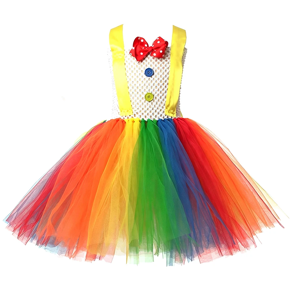 Colorful Rainbow Clown Tutu Dress For Girls Christmas Halloween New Years Party Funny Circus Clown Costume For Kids Gift 1-12Y
