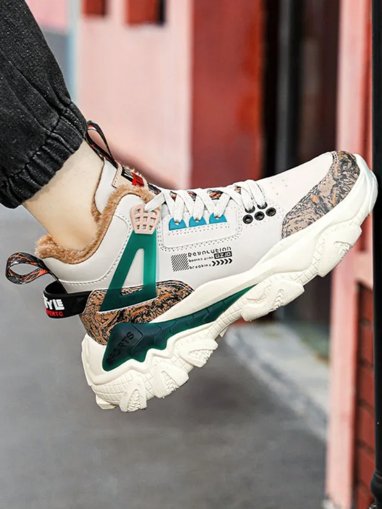 

Men New Fleece Lined High Top Dad Shoes Lace Up Warm Casual Versatile Youth Student Sport Cotton Winter Shoes Fashion