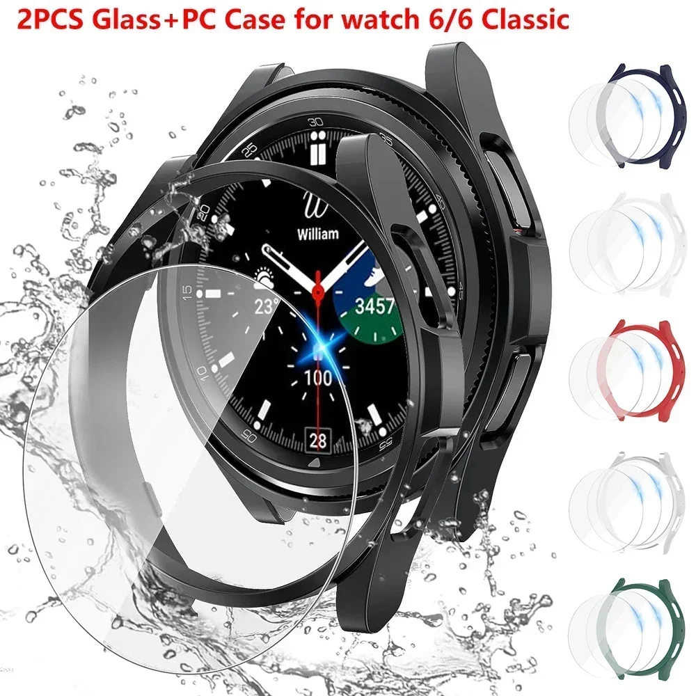 2PCS Glass+Case for Samsung Galaxy Watch 6 Classic 43mm 47mm Waterproof PC Bumper Cover+Screen Protector Galaxy Watch6 40mm 44mm