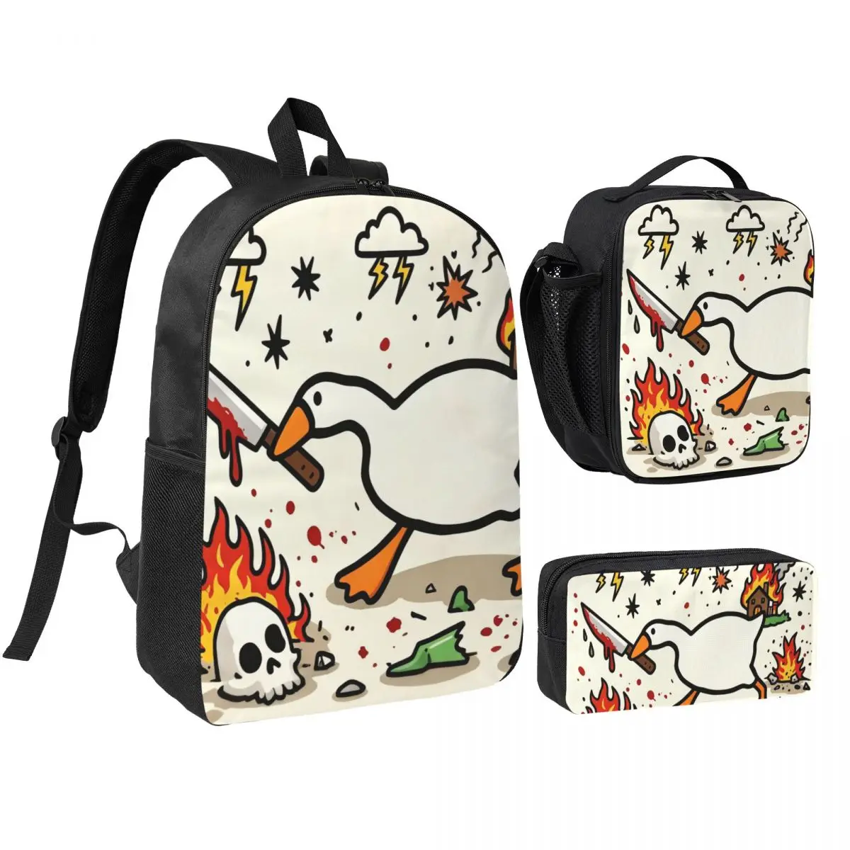 Violent Goose Rampage Disaster Backpack Boys Girls BookBag School Bag Shoulder Bags 3ps Insulated Lunch Bag Pencil Case