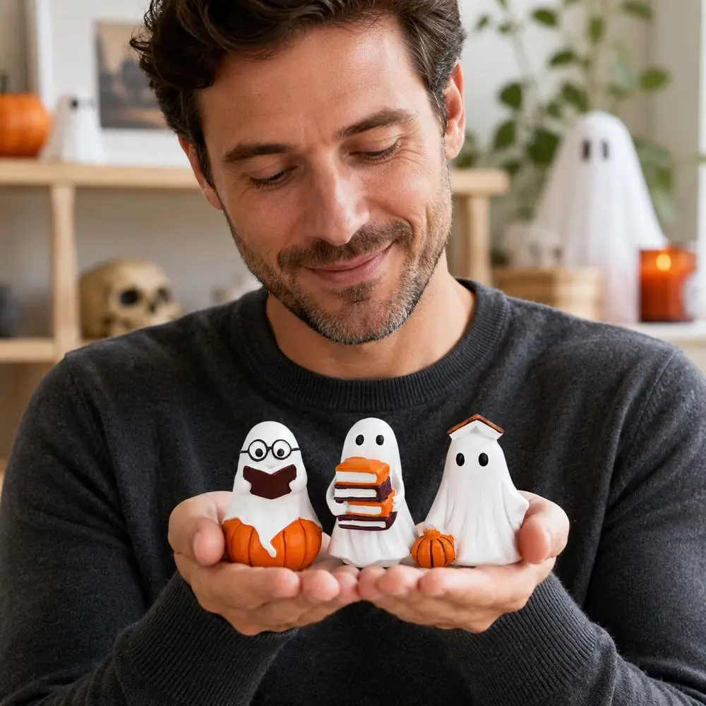 Cute Ghost Hug Solid Resin Ghost Figurine Hand Painted Cute Style Halloween Ornament Stable Standing Pink Tabletop Decor Desk