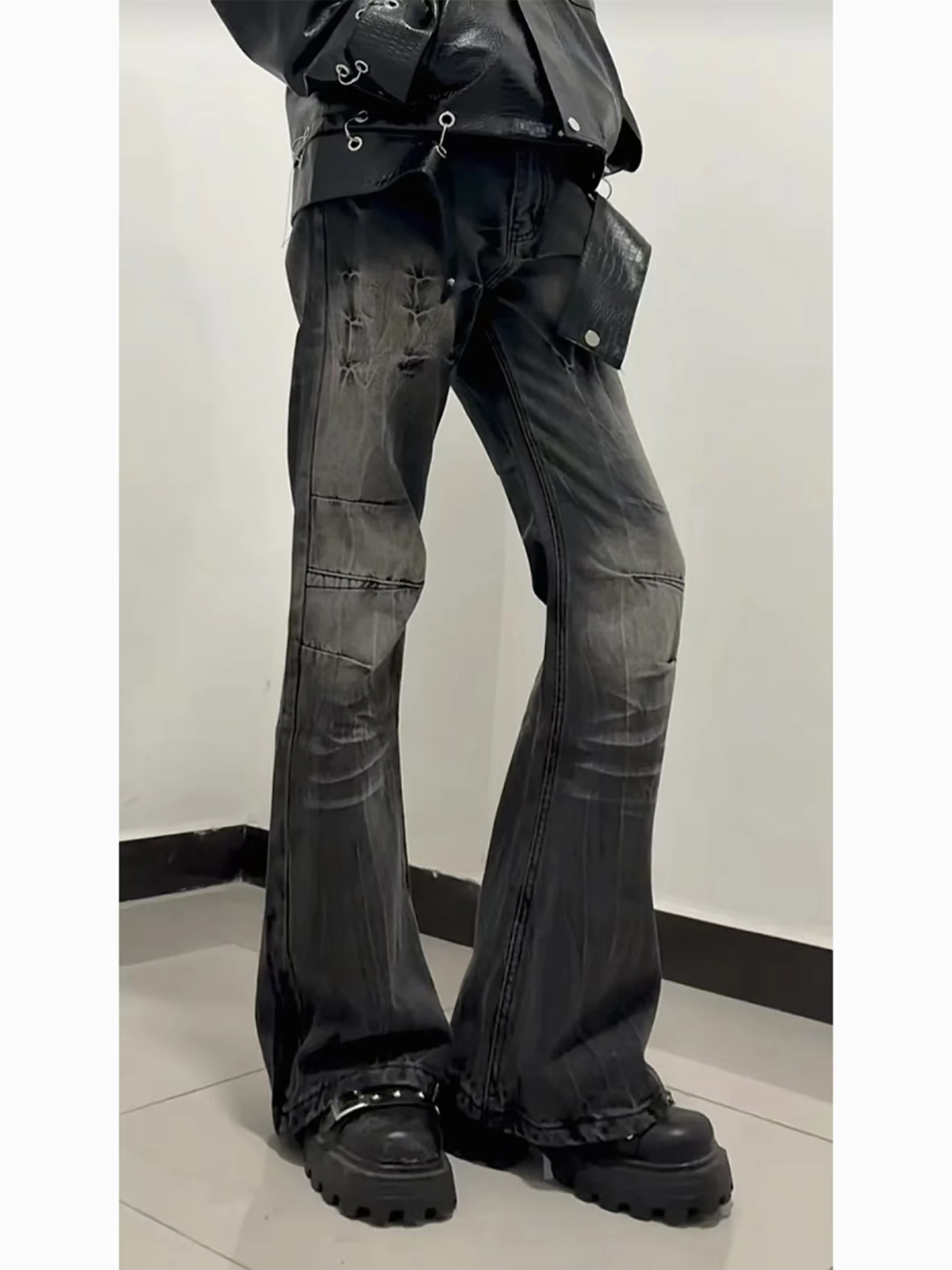 

Bla Waed Lightning Pattern Men's Jeans Spring Autumn Y2K Design Flared Pants Retro Sle Middle Waist Zipper Closure Casual