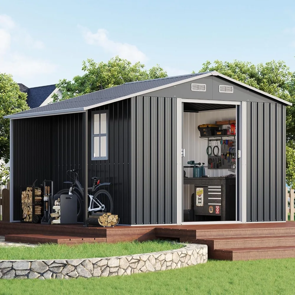 

10.6x6.8x6.3 FT Outdoor Storage Shed with Sliding Doors, Two 4-Pane Windows, Open-Air Design Outdoor Shed, Customized