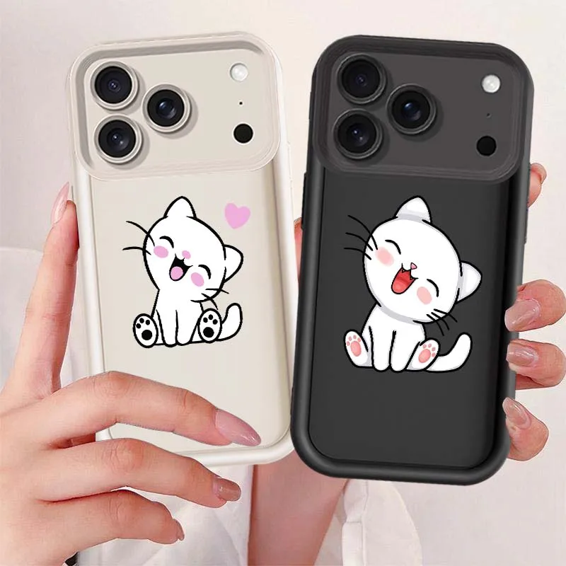 Cute Simple Art Cartoon Kitten Cover For Apple iPhone 17 16 15 14 13 12 11 Pro Max Plus Air Mini Eye Ladder Phone Case