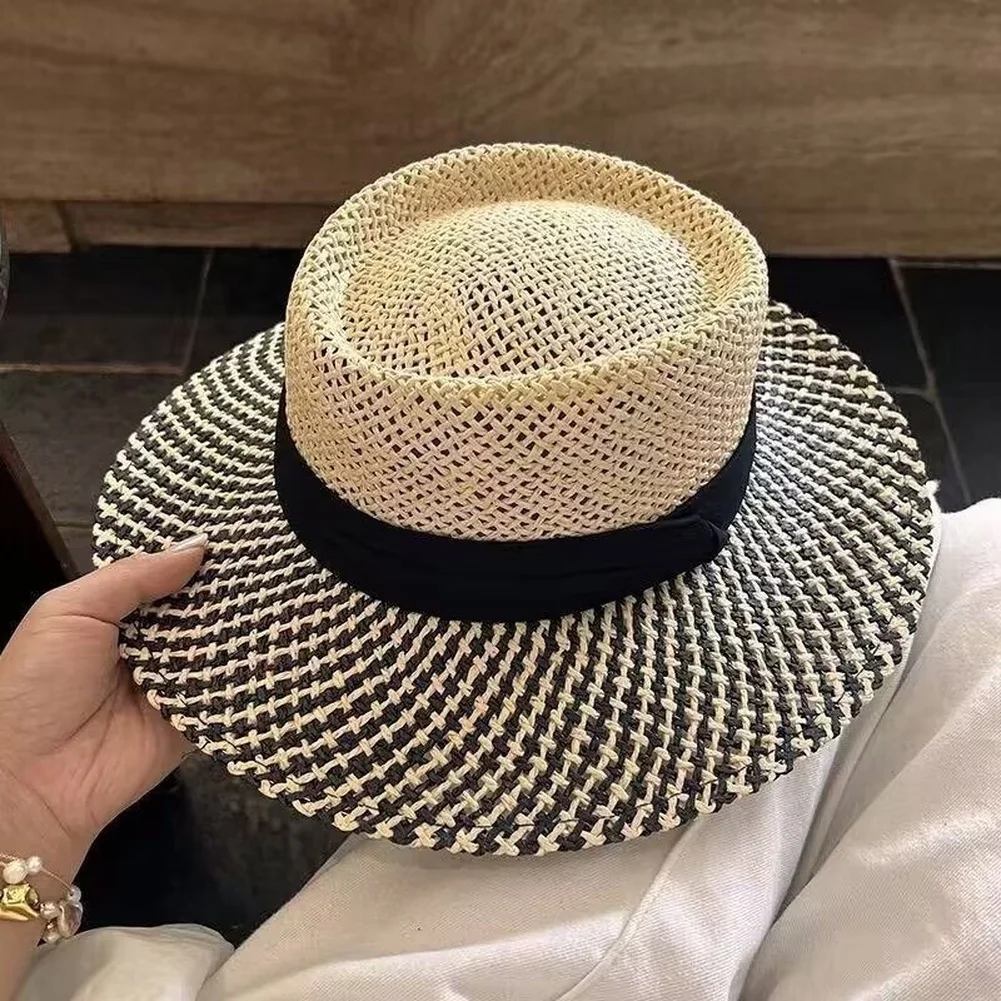 Striped Women\\\'s Sun Hat with Wide Brim Made of Lightweight Paper Straw for Neck UV and Summer Outdoors Striped
