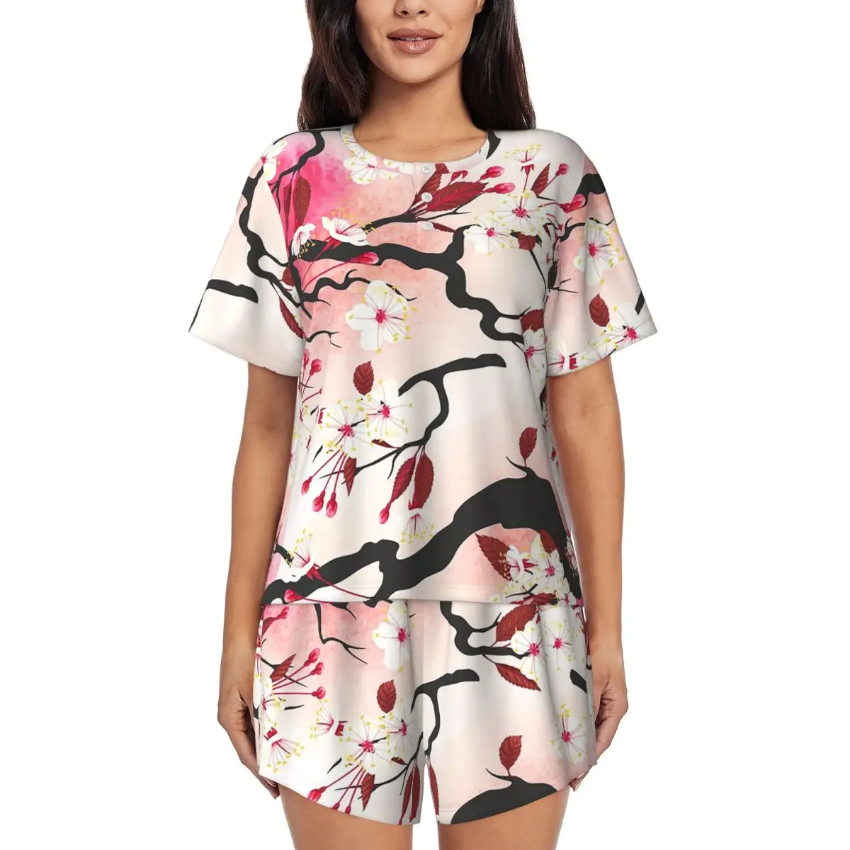 

Blooming Sakura Branch Blossom Japanese Flower Round Neck Short Sleeve Nightgowns for Sleeping Women Pajama Set Short Pants
