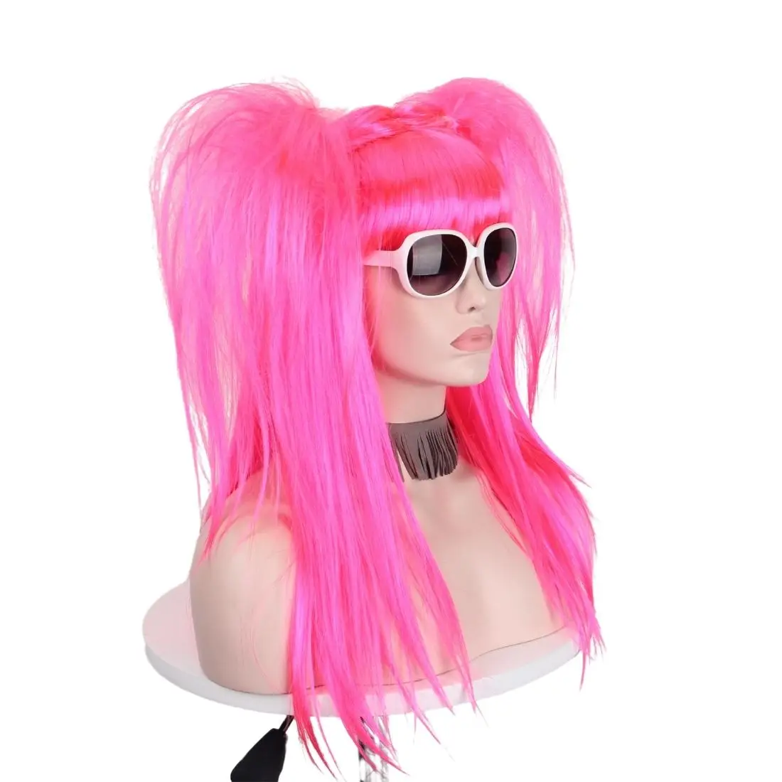 Rose Red Double Pferdeschwanz Lange Gerade Synthetische Perücke für Frauen Cosplay Kostüm Party Geschenke – Detail 3