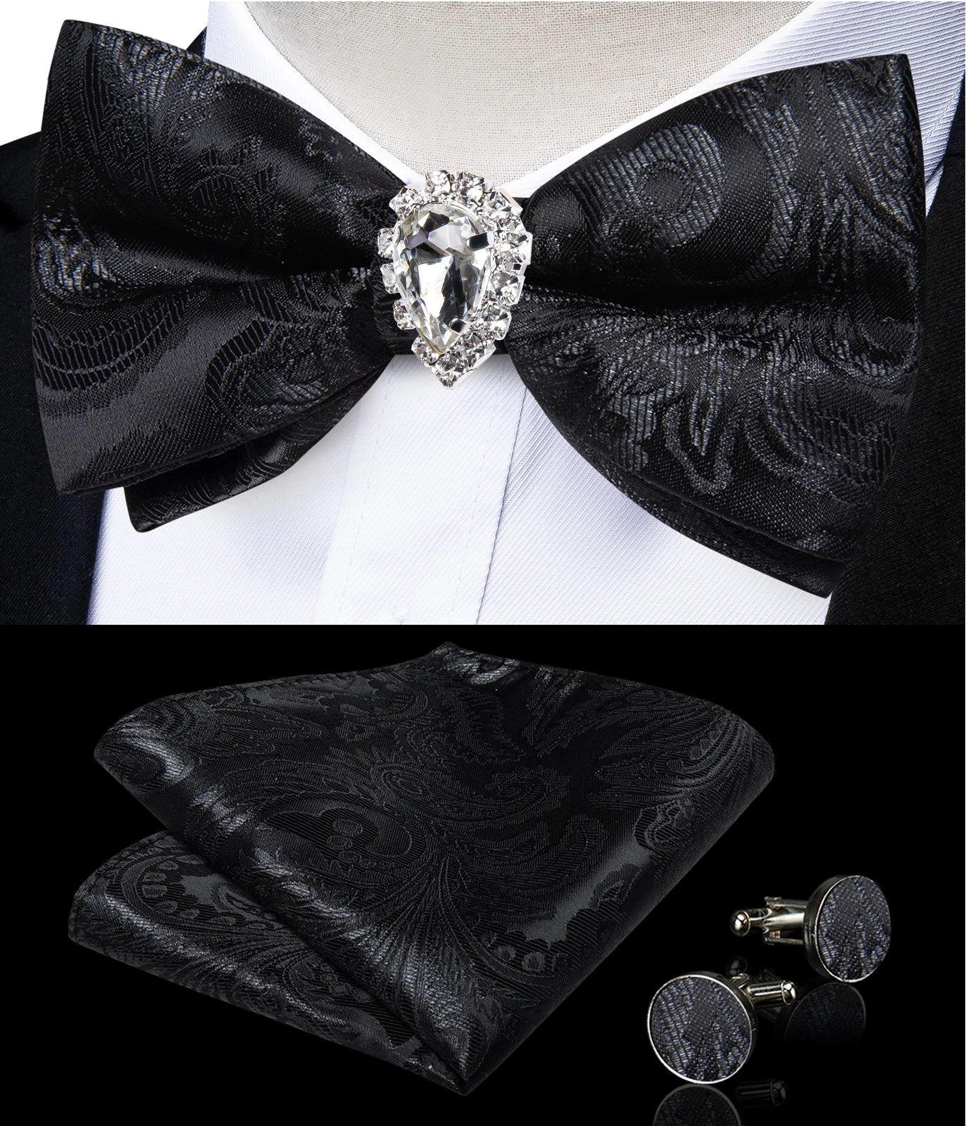 Men's Pre-tied Bow tie with Crystal Brooch Pocket Square Cufflinks Wedding Tuxedo Bowknot Cravat Groom Gift for Husband