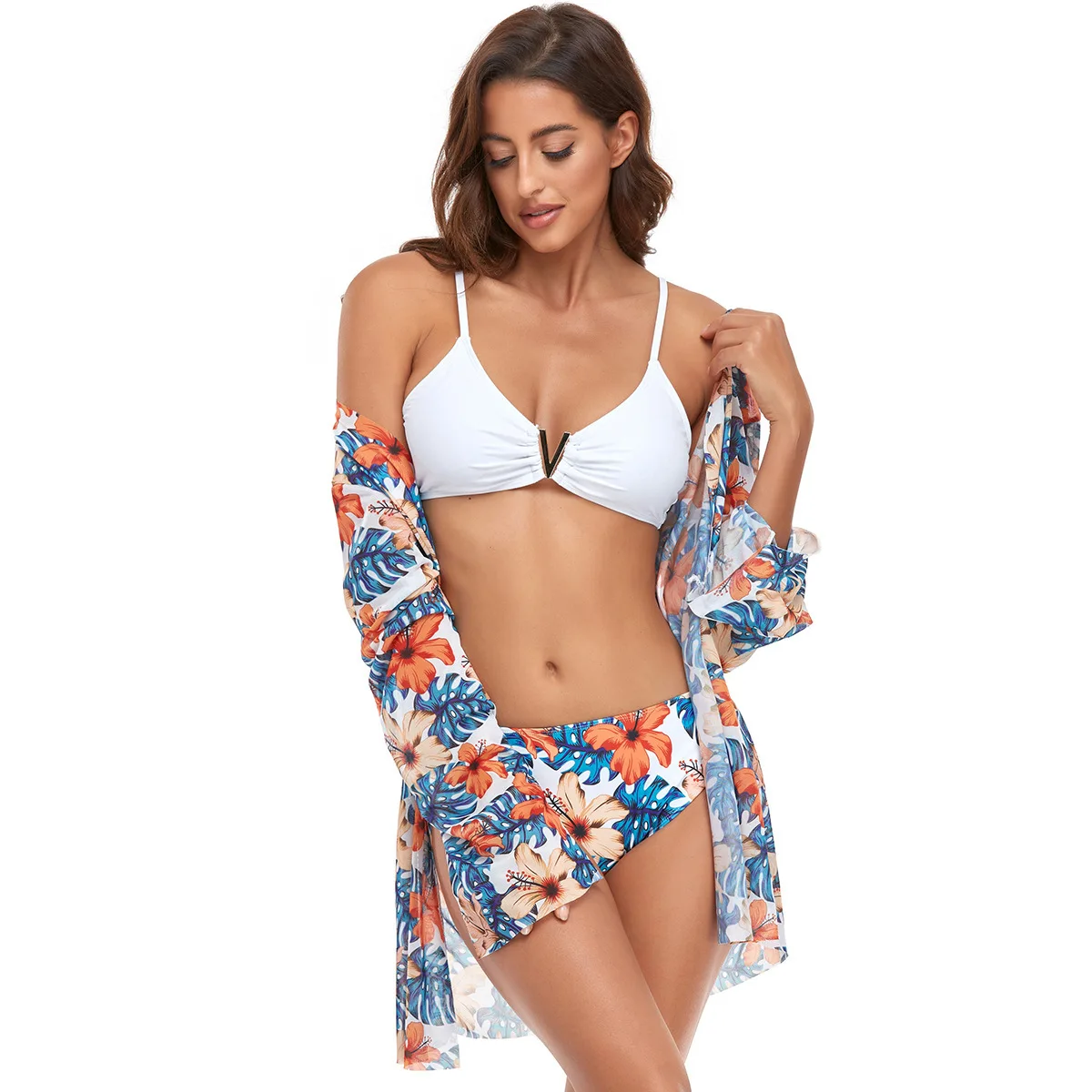 Women's Split Swimsuit Printed Sexy Batch Yarn Long-sleeved Three-piece Suit Bikini Women 2 Pieces Tankini Swimsuits Women Biqui