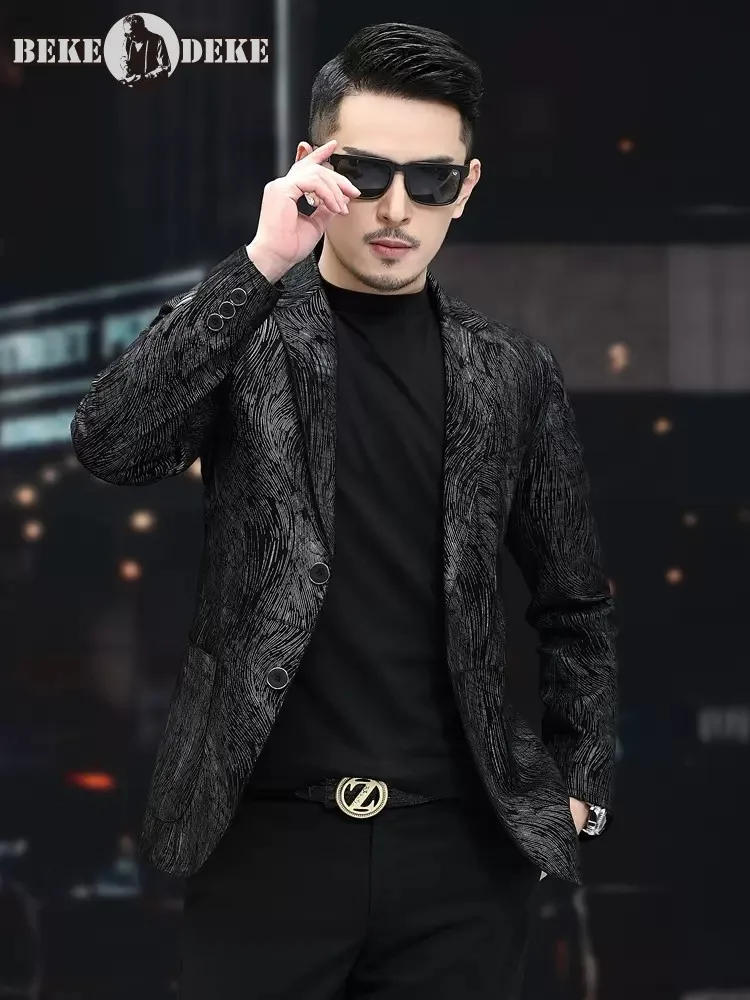 

Spring Autumn Luxury Business Men Real Sheepskin Work Blazer Slim Fit Genuine Leather Jacket Single Breasted Striped Suit Coat