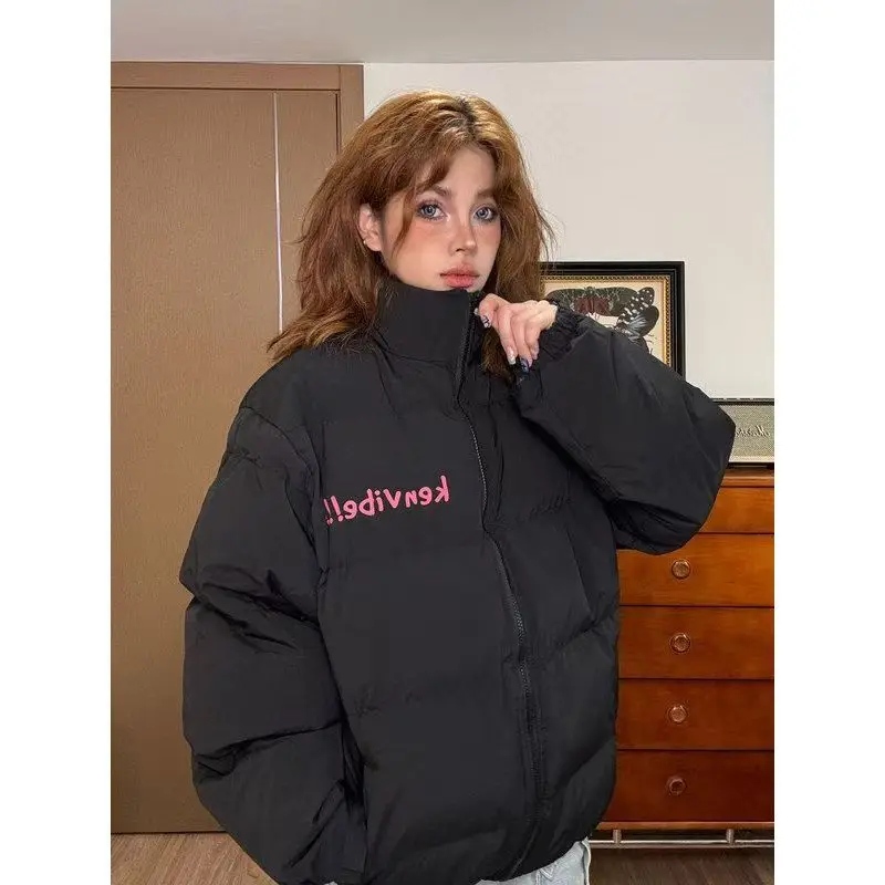 

Women's Alphabet Print Pattern Jacket Vintage Style Autumn Winter New Solid Color Female Oversize Zipper Long Sleeves Coat