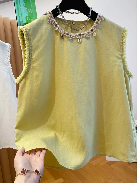 

Summer Cotton Linen Svel irt Women's round Ne Loose Fit Small Size Top Glittering Commute Sle Korean Version