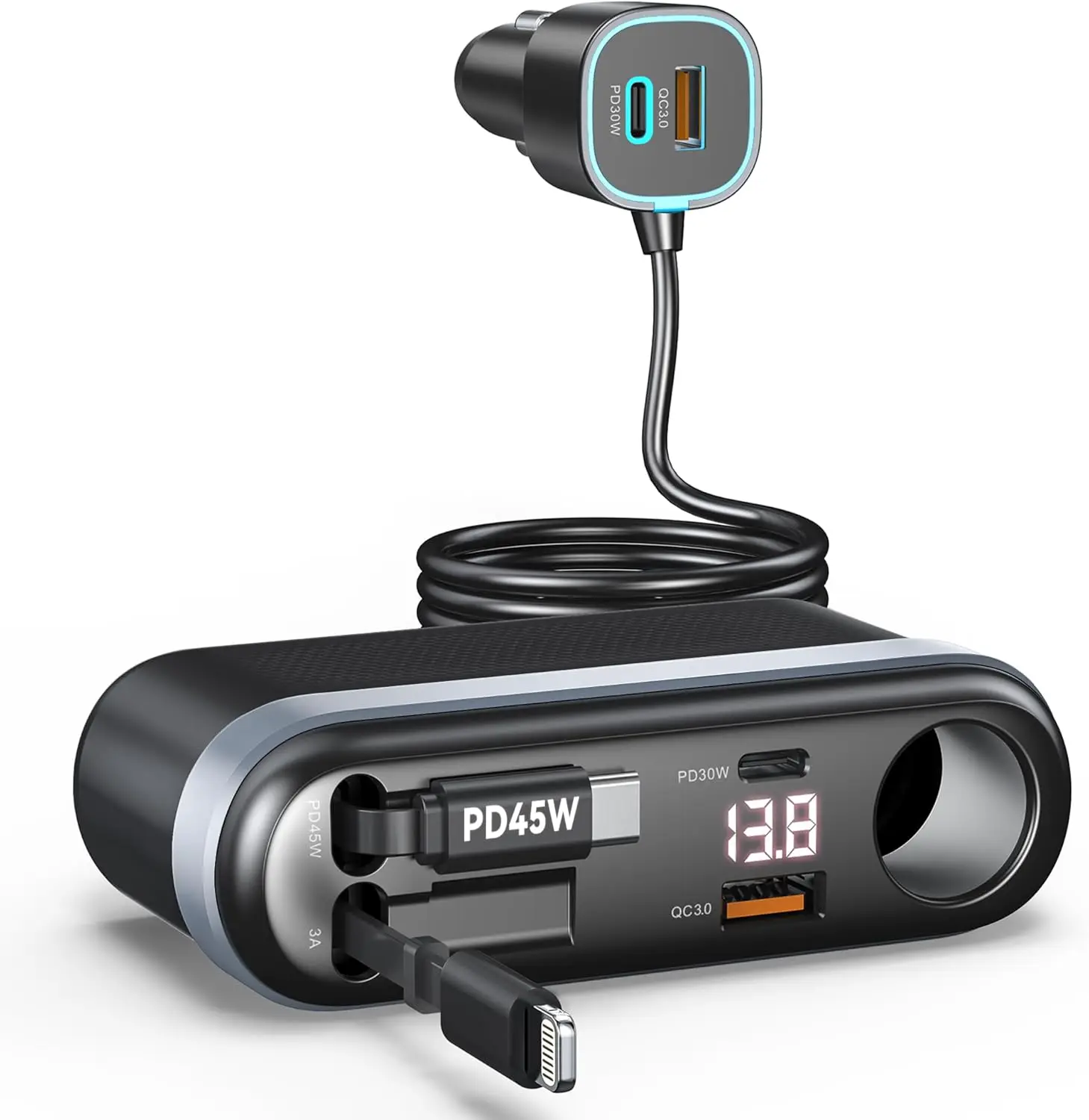 

7-in-1 295W Car Charger with Retractable Cables, Voltage Display & Extension Cord for All Devices