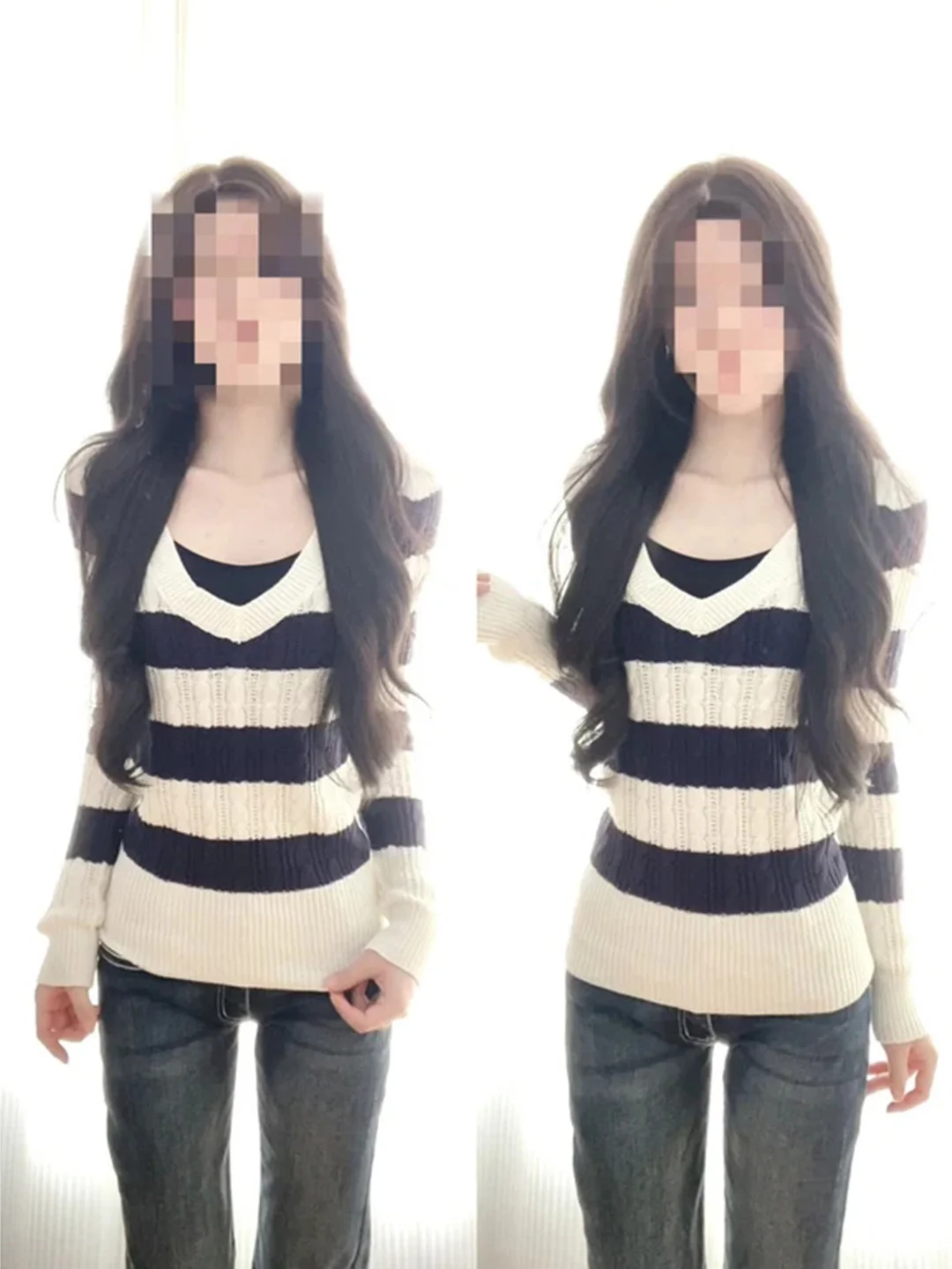 Spicy Girl Color Block V-Neck Striped Knitwear Women's Autumn Lazy Waist-Cinching Slimming Single Wear Korean Style Sweater