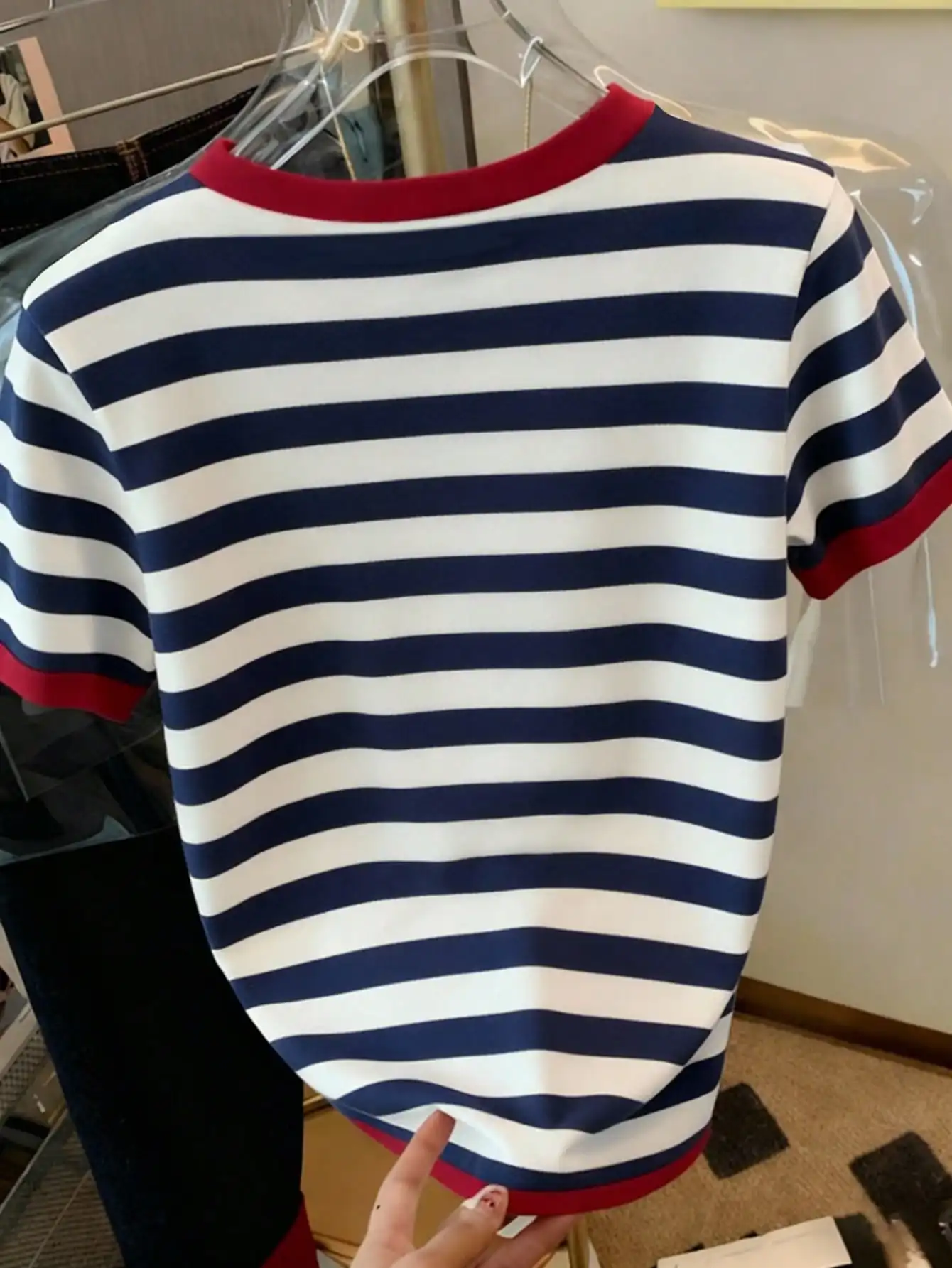2026 Y2K Women Crop Top Navy White Horizontal Stripe Red Contrast Trim O‑Neck Short Sleeve Tee Preppy Casual Going‑out T‑Shirt