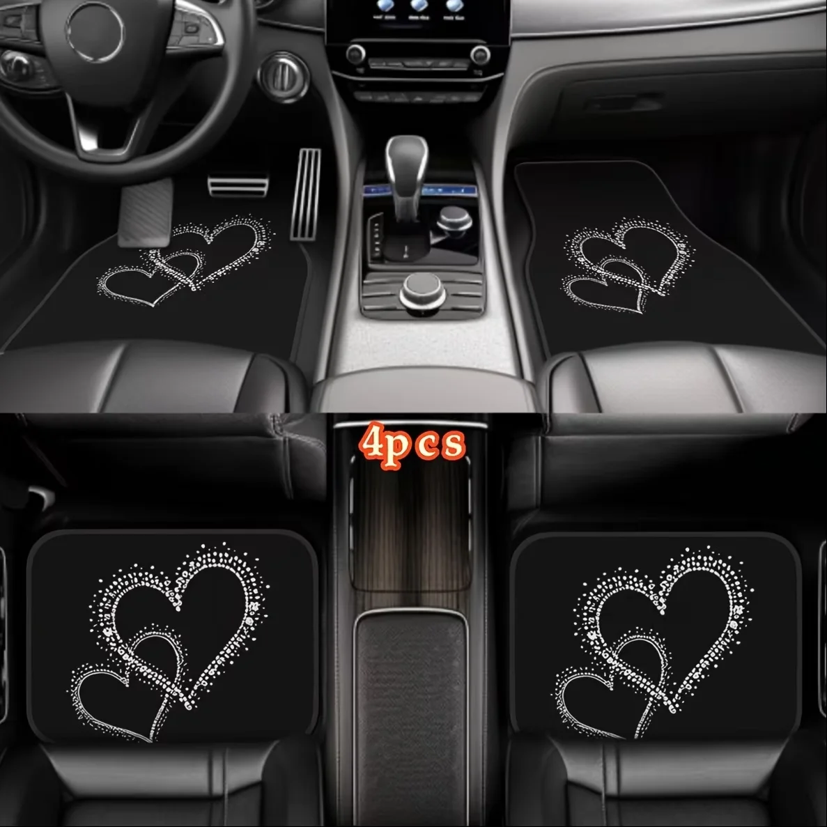 4-Piece Set of Heart-Patterned Car Carpets, Polyester All-Weather Non-Slip Carpets, Suitable for Cars, Suvs, Trucks, Compatible with General Motors, Front and Rear, Easy to Install