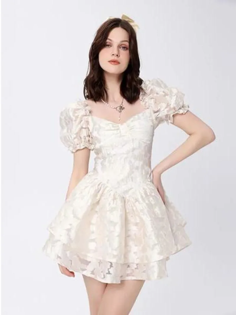 2024 Summer New French Bubble Sleeves White Dress Women's Fashion Waist Shrinking and Slim Puff Skirt Sweet Princess Skirt 9C8O