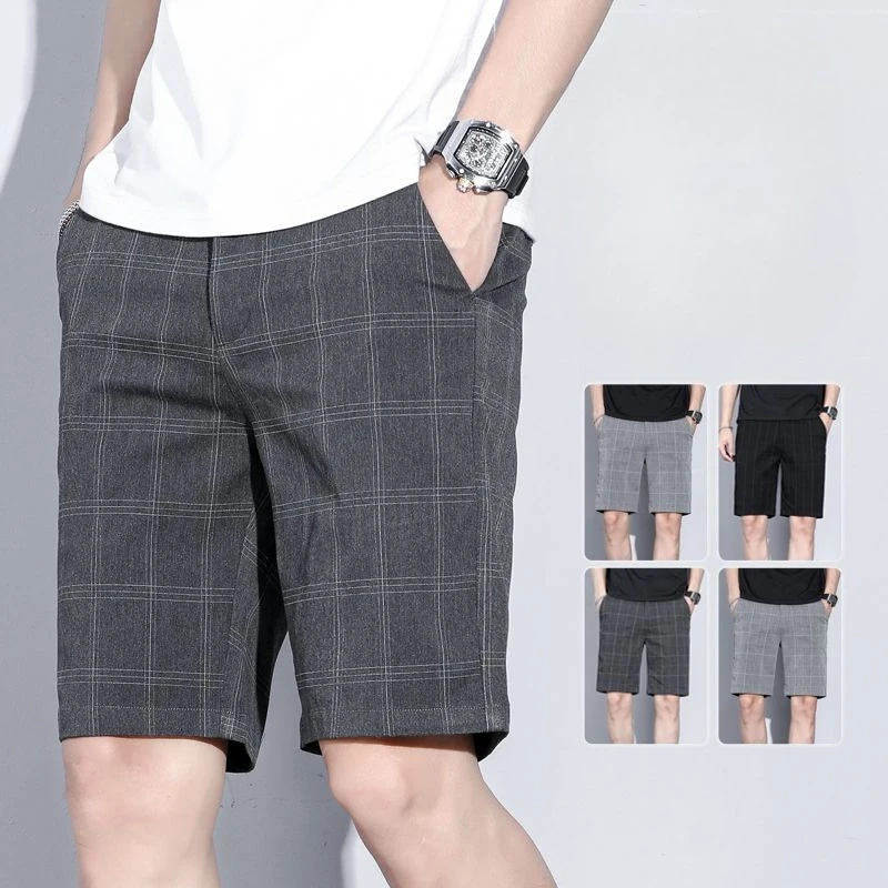 

British Style Men Casual Shorts 2026 Summer Straight Leg Stripe Lightweight Loose Fit Plaid Mid Length Shorts for Comfort