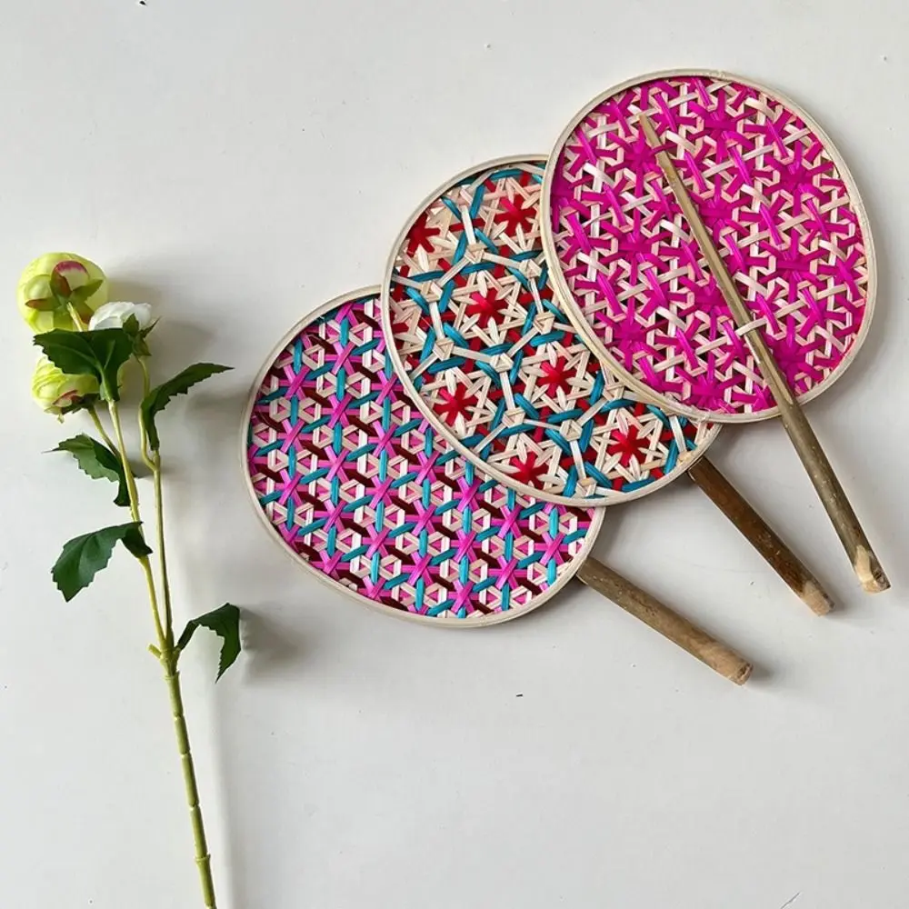 Durable Handmade Bamboo Braided Fan Ancient Chinese Weaving Fan Exquisite Colorful Hand Cranked Fan Home