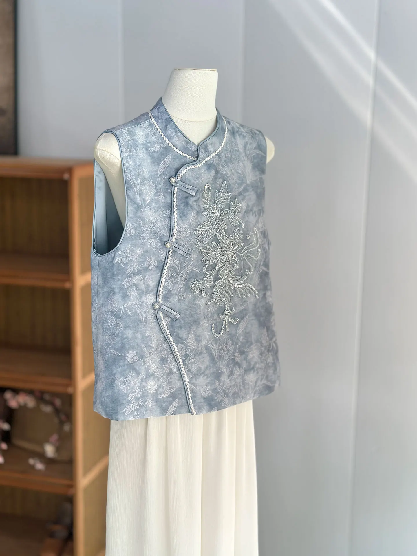 Niebieska Młoda Wyszczuplająca Kamizelka Odzież Wierzchnia Warstwowa Wiosna Jesień Chiński Retro Narodowy Styl Damska Bluzka Do Pracy Elegancka...