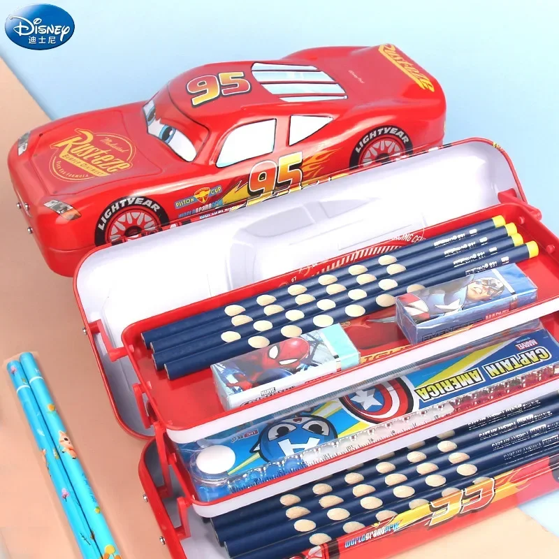 Disney McQueen Three-layer Pencil Case Large Capacity Cartoon Car Stereo Pencil Case Learning Gift Multi-function Stationery