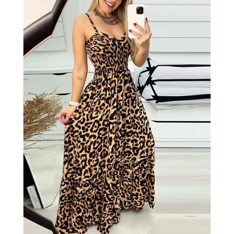 Abito estivo moda Sexy senza maniche MaxiLeopard Print Camis Dress donna scollo a v Brace elasticità abito lungo a vita alta
