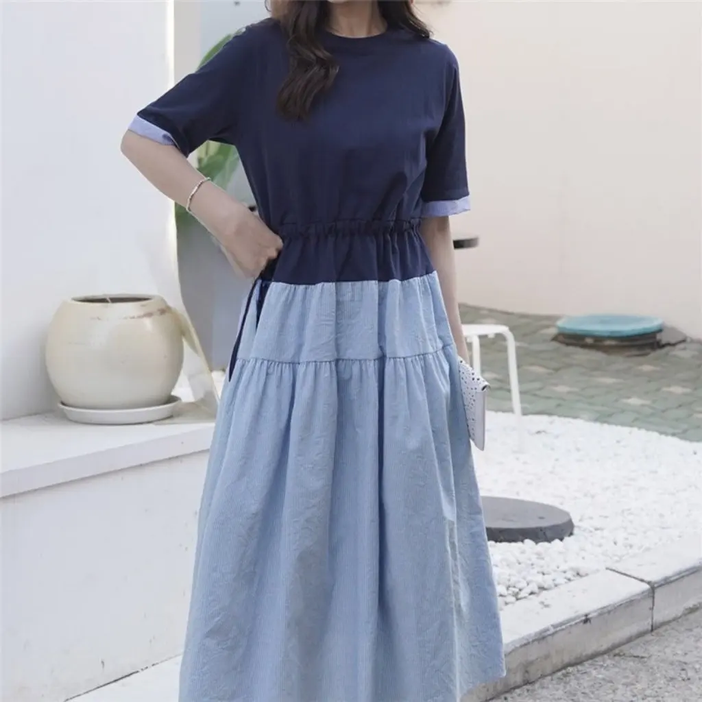 

Summer Women's plus Size Dress Short Sleeve round Neck Splicing Contrast Color Fake Two-Piece Style Waist Design